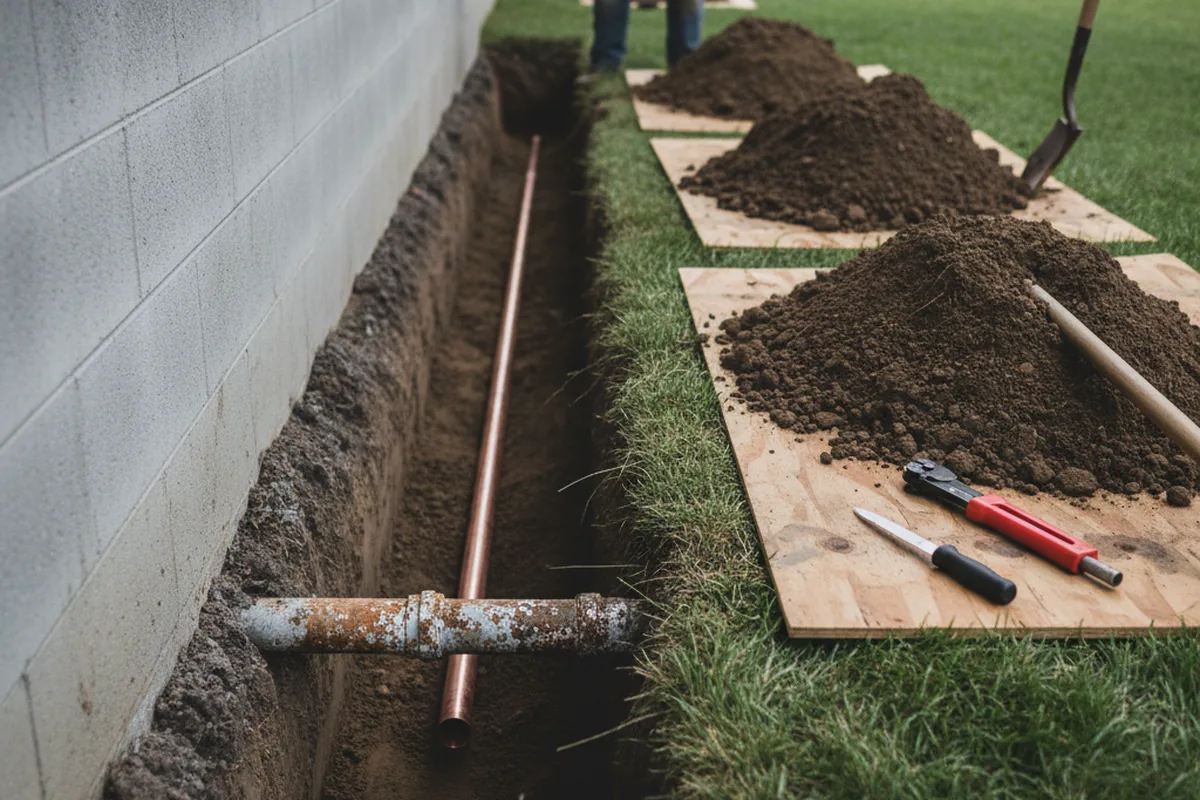 Excavated water line trench during Water Softener Installation in Stinesville